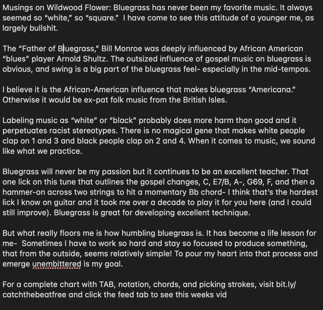 My musings on Wildwood Flower: why bluegrass although not my fav, is an excellent teacher, and why thinking of music in "black" and "white" is usually bullshit. 

Chart and vid available: bit.ly/catchthebeatfr… and click the feed tab for this week's vid.