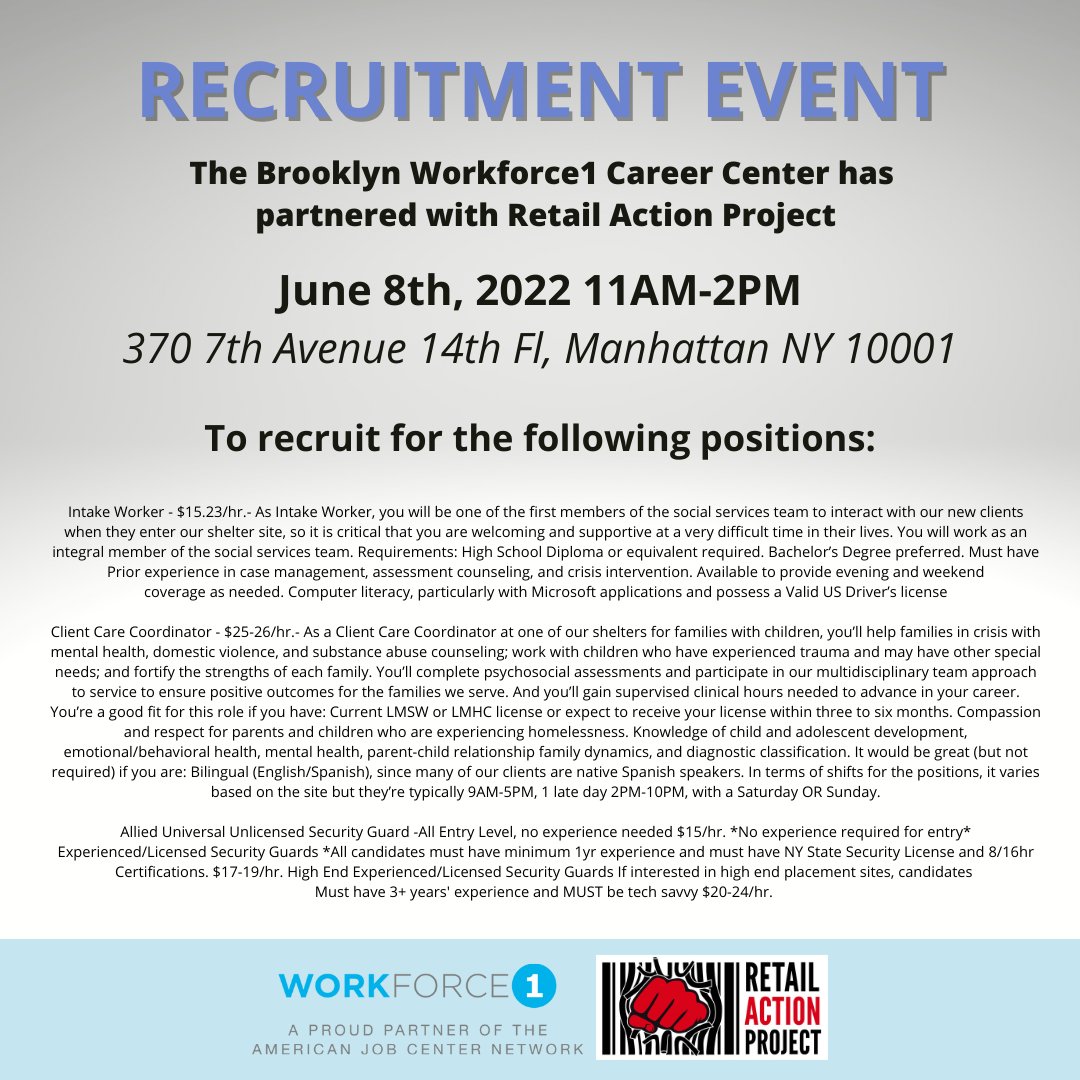 CD2RAP's tweet photo. The #RetailActionProject has partnered with the Workforce1 Career Centers (Brooklyn - June 8th) and (Queens - June 9th), for a Recruitment Event in Manhattan. To attend, check registration details. https://t.co/9lPy2Z5ZtU
