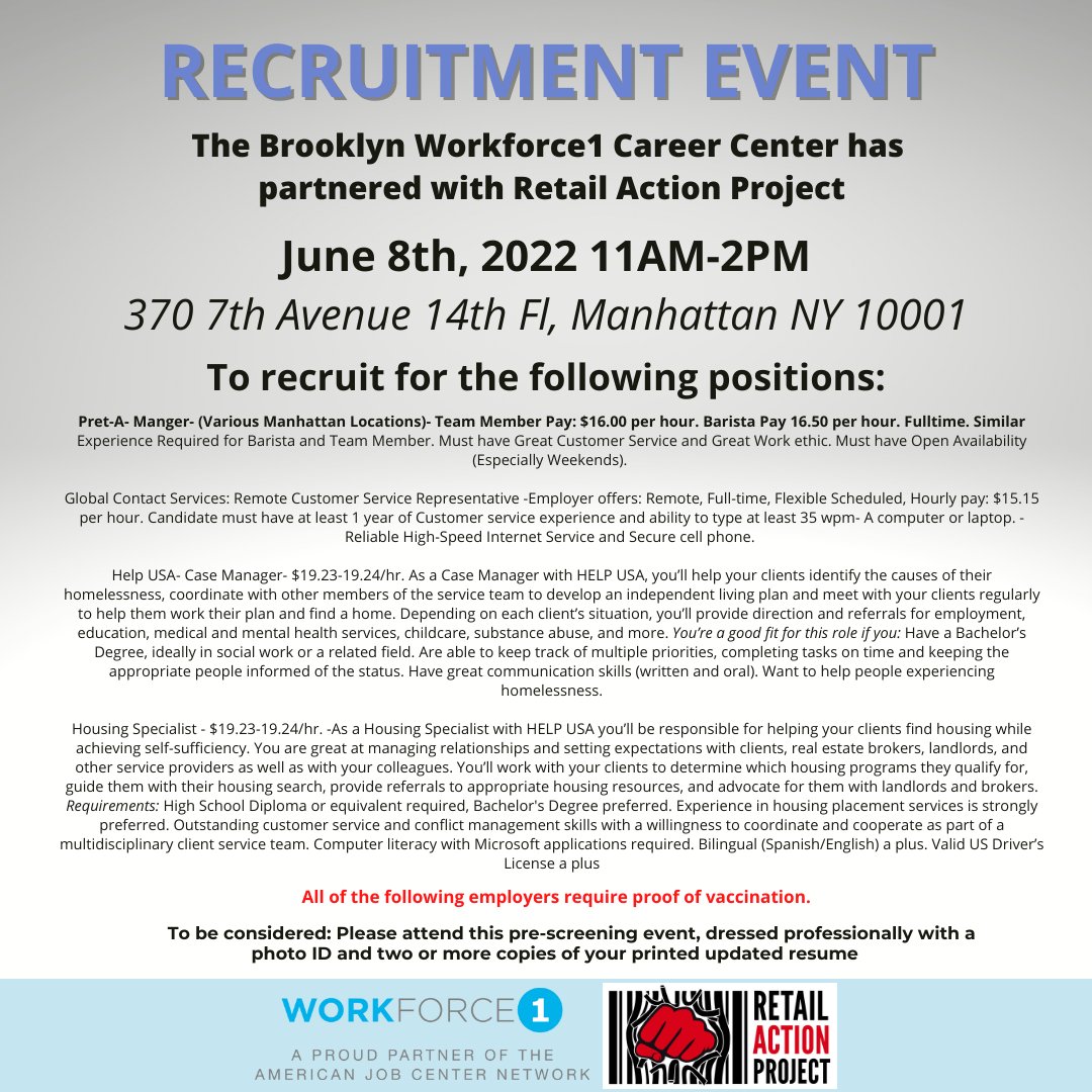CD2RAP's tweet photo. The #RetailActionProject has partnered with the Workforce1 Career Centers (Brooklyn - June 8th) and (Queens - June 9th), for a Recruitment Event in Manhattan. To attend, check registration details. https://t.co/9lPy2Z5ZtU