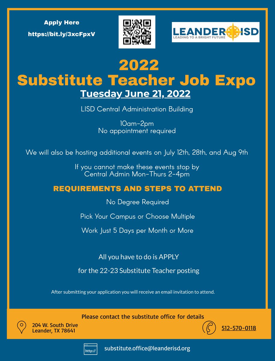 <a href="/LeanderISD/">Leander ISD</a> is hosting a Substitute Teacher Job Expo!! No degree required!! Work 5 days a month or more!! <a href="/LISDCareers/">Leander ISD HR</a> @LISD_SPROG <a href="/jendunn68/">jendunn68@gmail.com</a> <a href="/lisag_lisd/">lisa gibbs</a> <a href="/LeanderISDHR/">Karie Lynn McSpadden</a>
