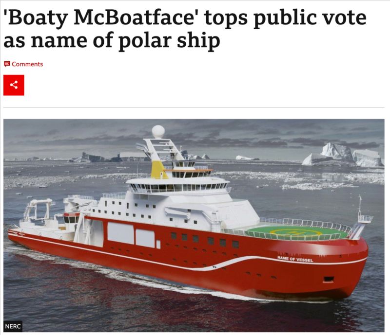 webpurify's tweet photo. βWhen you put the official name of a $287MM government research vessel to a vote online... and the public decides to troll you.β #ModerationMatters #webpurify https://t.co/kqVMSnZsva