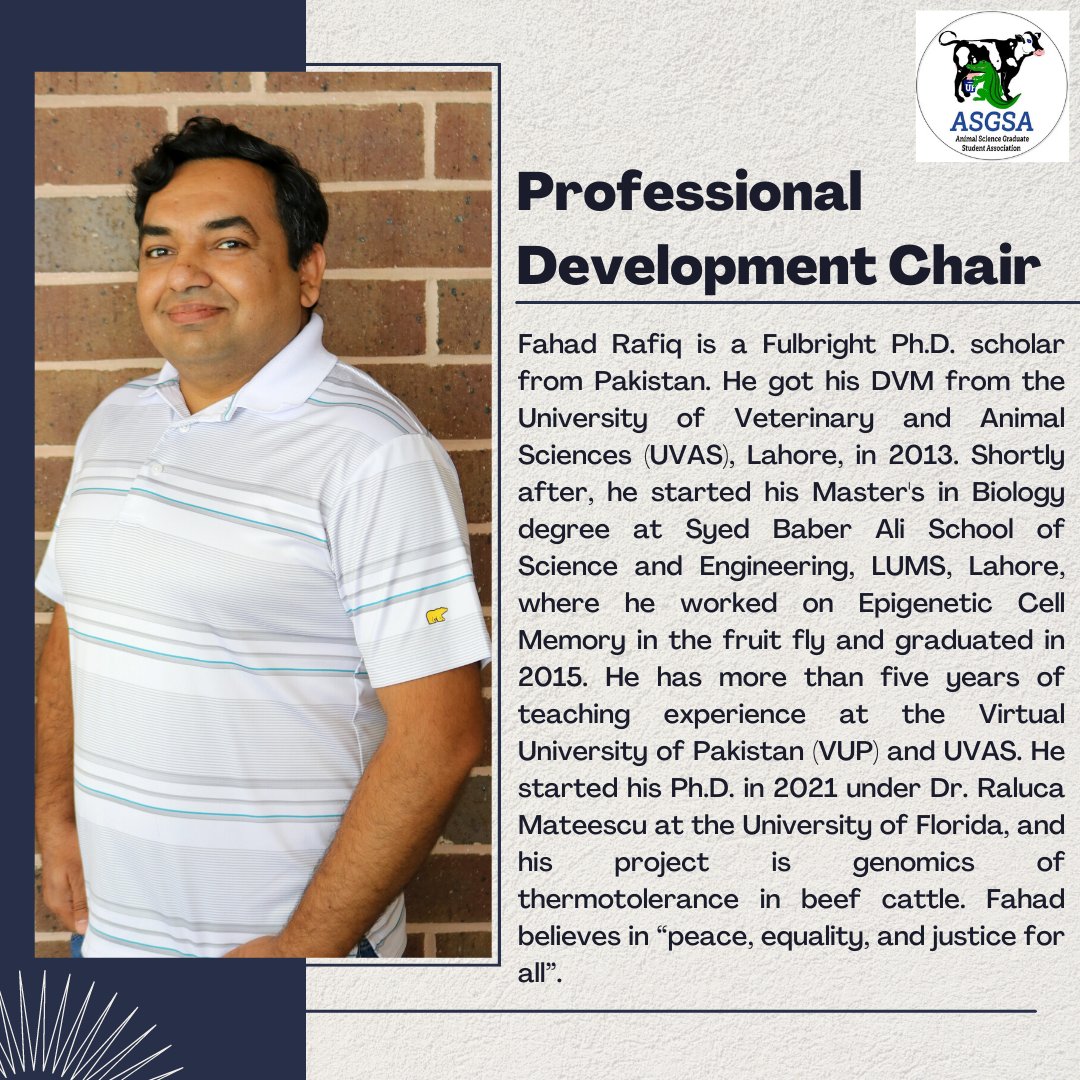 ASGSA_UF's tweet photo. Meet & Greet with ASGSA Board 2022-2023: Next in line is Fahad originally from Pakistan who is pursuing his Ph.D. degree in Dr. Mateescu’s lab. He is passionate about working as Professional Development Chair. We are happy to have him on board and wish him good luck. #ASGSA #UF https://t.co/lrwwdZyMUO