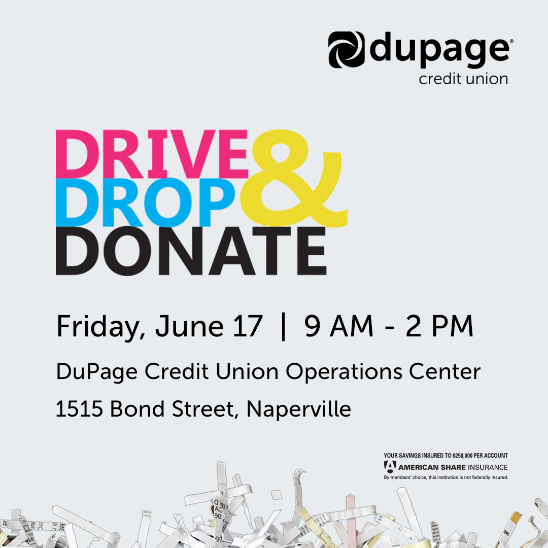 DuPageCU's tweet photo. Got clutter? Have your electronics recycled and documents shredded at our 9th Annual Drive, Drop &amp; Donate event. 100% of funds raised support our We’ve Got Your Back backpack fundraiser to help purchase school supplies for local students in need. Details: https://t.co/8AssoeqBdb https://t.co/hy6dtO8qIz