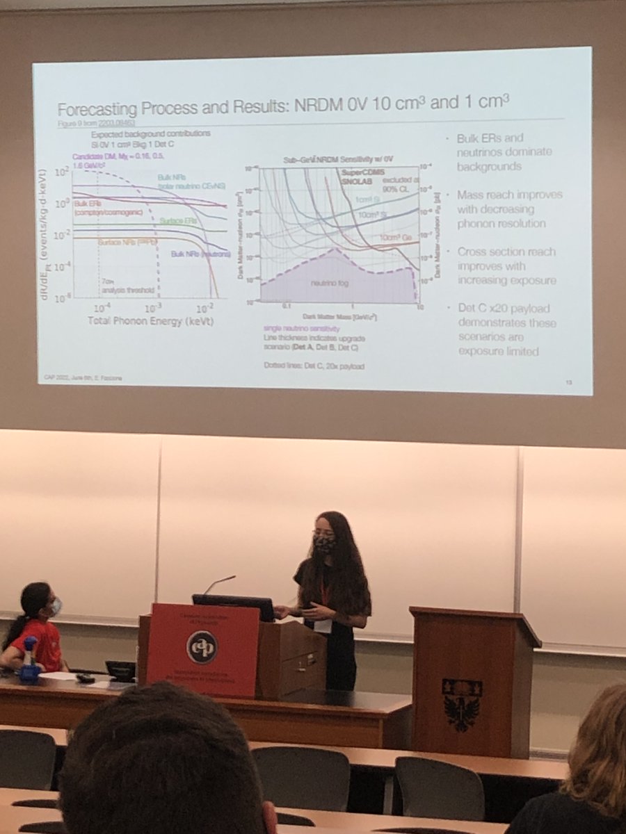 SuperCDMS's tweet photo. 👏⏳Closing the Monday morning PPD session at @CAPhys Congress is Eleanor Fascione @queensuResearch and @TRIUMFLab discussing the "Projected Sensitivities for Future Upgrade Scenarios of #SuperCDMS @SNOLABscience. 

Another great talk about #SuperCDMS! 💫 https://t.co/Ds9TXNKSNG