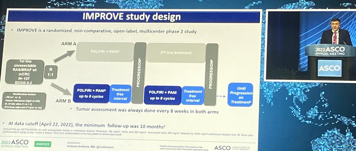 clacardone's tweet photo. #IMPROVEstudy #ASCO22
👇 Intermittent vs continuous FOLFIRI/PANI #antiegfr
🔸PFSot: 17.1 vs 13.2 mo
🔹Left sided PFSot: 20.2 vs 13.2 mo
🔺➖ severe skin toxicity
@OncoAlert #CRCSM https://t.co/DZucuoBllr