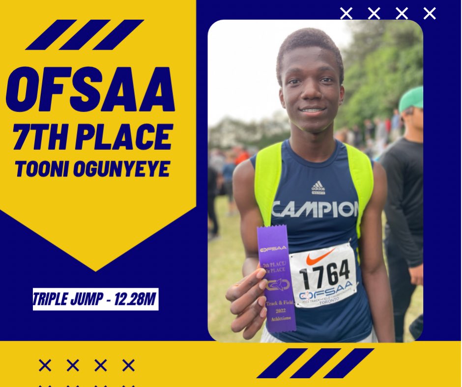 campiontrack's tweet photo. Congrats to Tooni Ogunyeye on his stellar performances at the 2022 @OFSAATrack championships. #ArriveWinLeave https://t.co/wCL9Ulhw1s