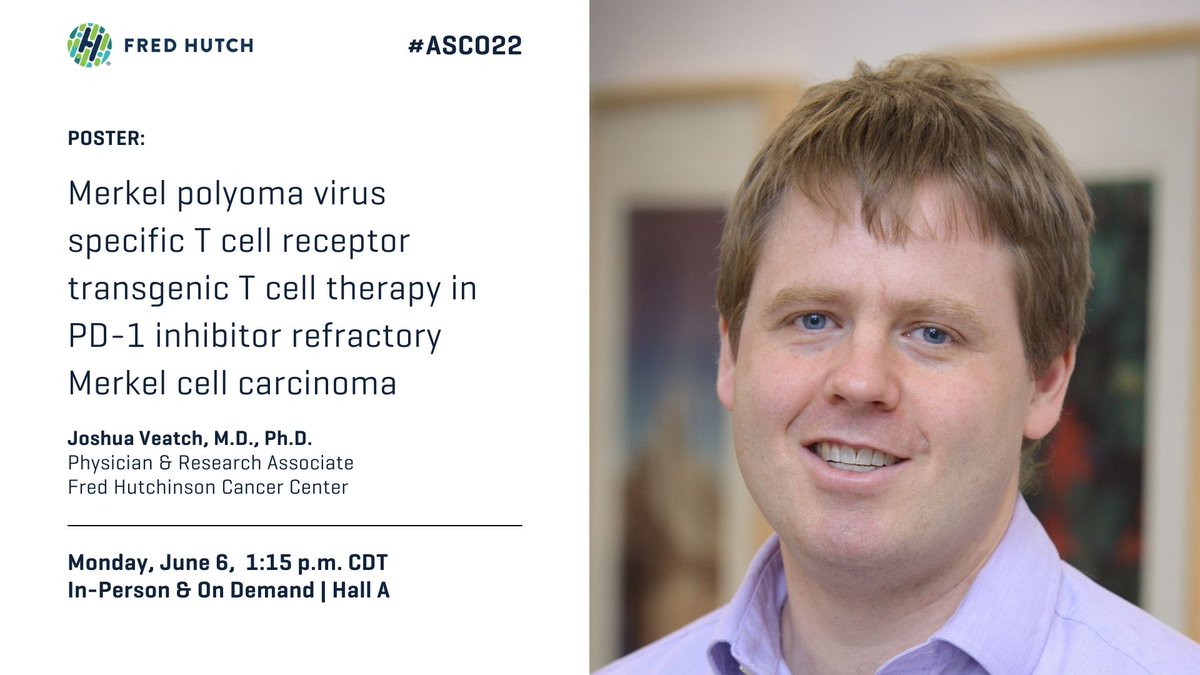 fredhutch's tweet photo. Dr. @joshrveatch is presenting "Merkel polyoma virus specific T cell receptor transgenic T cell therapy in PD-1 inhibitor refractory #Merkelcellcarcinoma" at #ASCO22. https://t.co/nWO2qtUmG4 https://t.co/lFbGZIiZbo