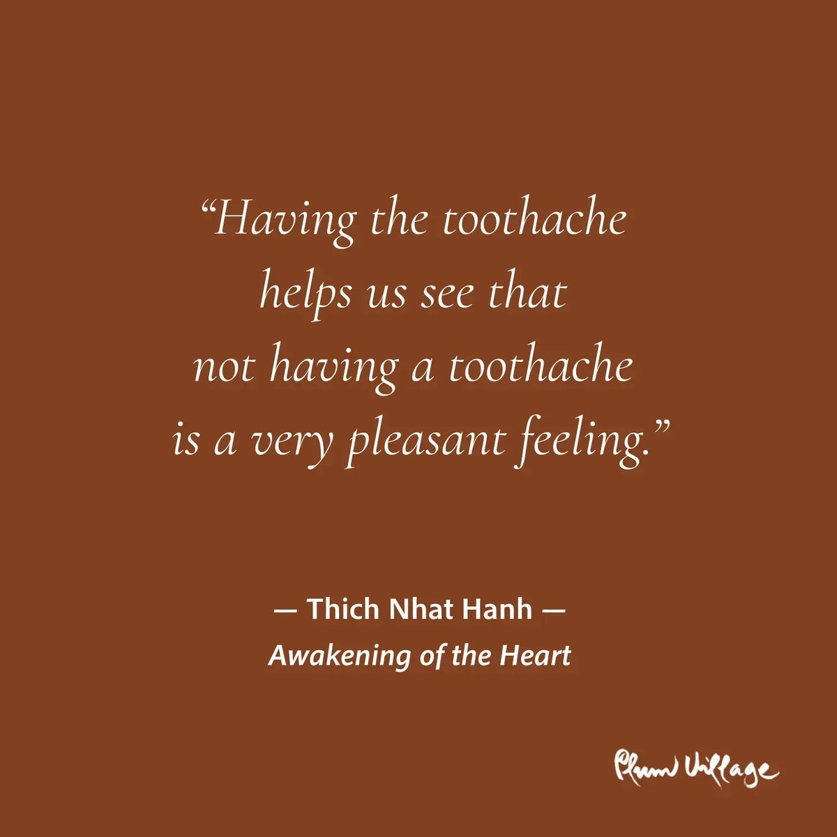 thichnhathanh's tweet photo. "When we do not have a toothache, we do not enjoy the non-toothache. We think having a non-toothache is a neutral feeling. Having the toothache helps us see that not having a toothache is a very pleasant feeling." 

Thich Nhat Hanh
'Awakening of the Heart' (Parallax Press 2011) https://t.co/87mR9XdpqR