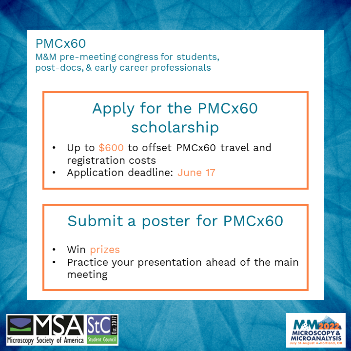 MSAStudent's tweet photo. Check out these new opportunities for PMCx60 - submit a poster &amp; apply for a scholarship! Don't miss the chance to practice your presentation and offset your meeting costs!
Poster: https://t.co/xvLoSMY8OY
Scholarship: https://t.co/5UgrxvGL9W https://t.co/3eZPKQqR3t
