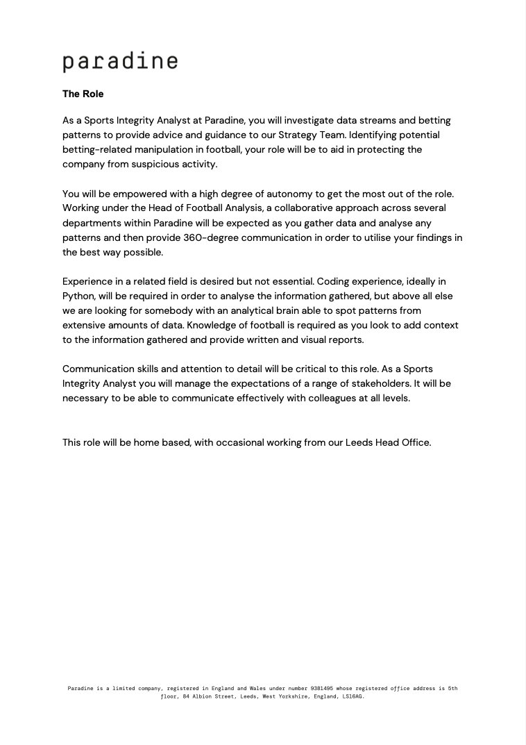 donceno's tweet photo. Paradine are recruiting for a full time Sports Integrity Analyst.

This is an exciting opportunity to join a successful team in an innovative &amp; challenging environment. https://t.co/4D7Lgvq2LW
