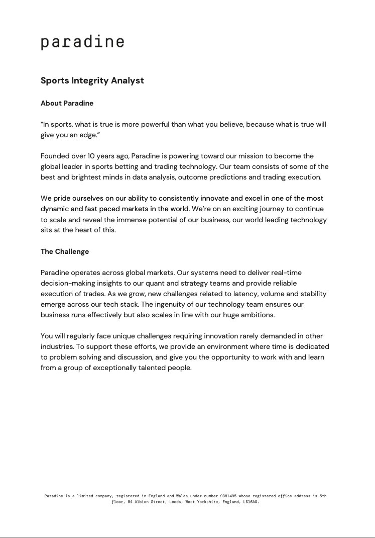 donceno's tweet photo. Paradine are recruiting for a full time Sports Integrity Analyst.

This is an exciting opportunity to join a successful team in an innovative &amp; challenging environment. https://t.co/4D7Lgvq2LW