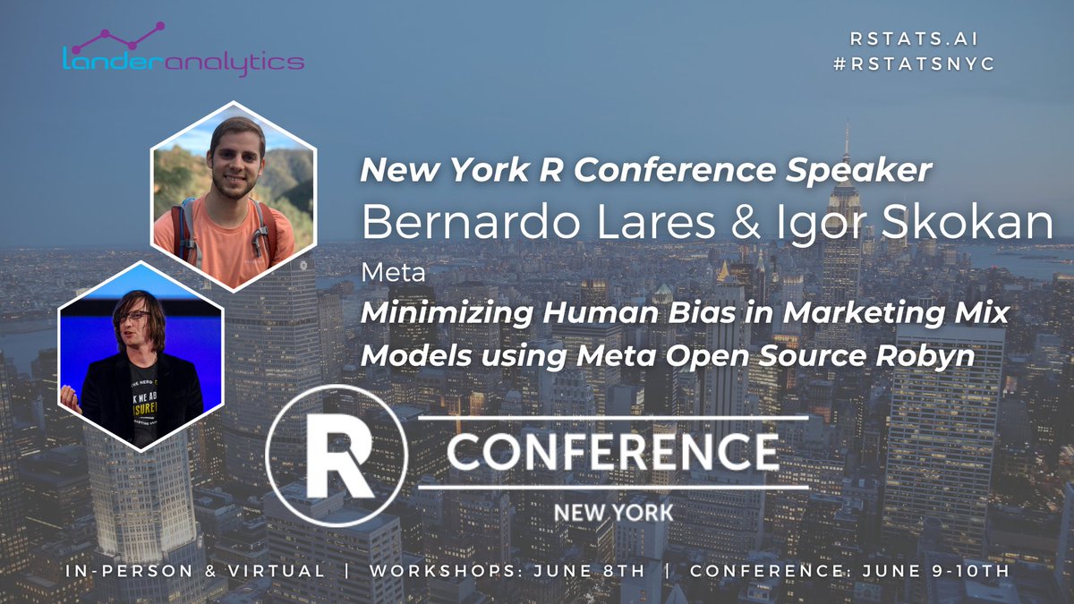 Marketing Science Partners at <a href="/Meta/">Meta</a>, Bernardo Lares (<a href="/LaresDJ/">Bernardo Lares</a>) &amp; Igor Skokan are back to talk about using Meta open source Robyn to minimize human bias in marketing.

Don't miss out on the fun June 9 &amp; 10➡ rstats.ai/nyr

#rstatsnyc | #rstats