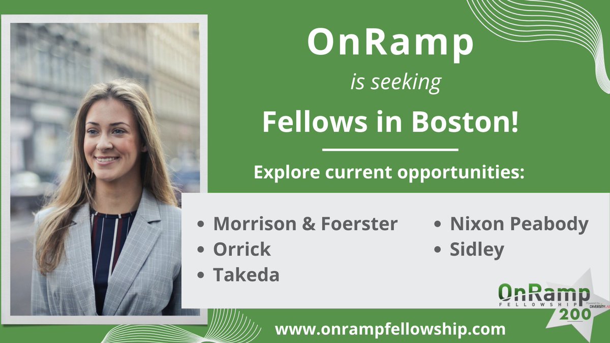 OnRamp Fellowship (@onrampfellow) on Twitter photo OnRamp is seeking Fellows in Boston for one-year paid lawyer Fellowships!
Click here to learn more about opportunities at Boston-area legal organizations, including <a href="/MoFoLLP/">Morrison Foerster</a>, <a href="/NixonPeabodyLLP/">Nixon Peabody LLP</a>, <a href="/Orrick/">Orrick</a>, <a href="/SidleyLaw/">Sidley Austin LLP</a>, + <a href="/TakedaPharma/">Takeda</a>: onrampfellowship.com/opportunities/
#careerbreak #lawyers OnRamp is seeking Fellows in Boston for one-year paid lawyer Fellowships!
Click here to learn more about opportunities at Boston-area legal organizations, including <a href="/MoFoLLP/">Morrison Foerster</a>, <a href="/NixonPeabodyLLP/">Nixon Peabody LLP</a>, <a href="/Orrick/">Orrick</a>, <a href="/SidleyLaw/">Sidley Austin LLP</a>, + <a href="/TakedaPharma/">Takeda</a>: onrampfellowship.com/opportunities/
#careerbreak #lawyers