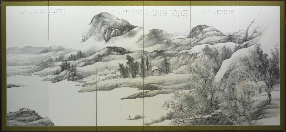StlArtMuseum's tweet photo. These #SLAMCollects screens present a Chinese-style landscape, offering a tour through the four seasons of a year. The scenes are beautifully filled with mountain peaks, hills, agricultural fields, and rustic dwellings, drawn with soft colors and ink. https://t.co/QPAVwA0Zcf