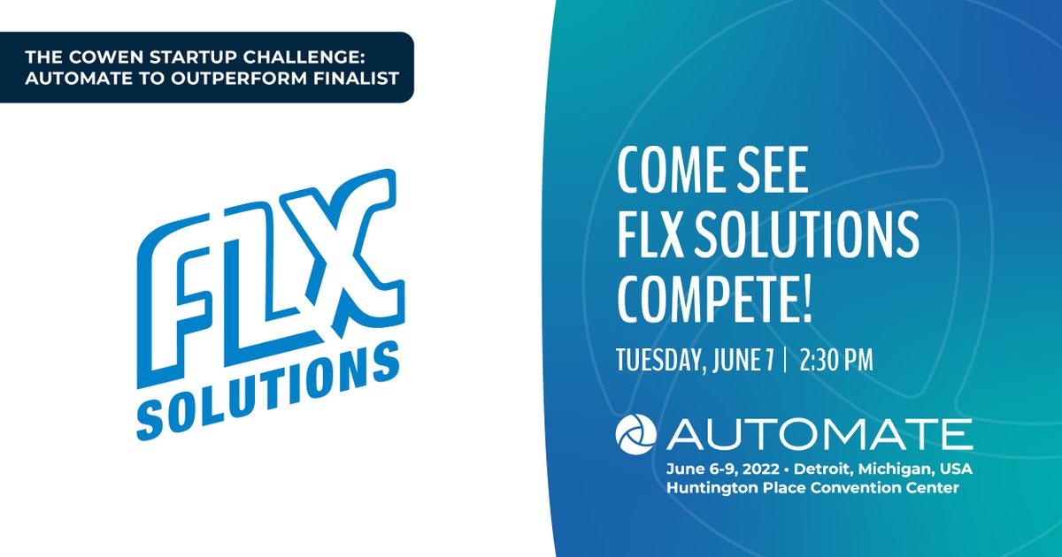 FLX_Solutions's tweet photo. Come see us at Automate this week, booth 4354. We'll also be pitching on June 7th in the Cowen Startup Challenge: Automate to Outperform Finalist. Hope to see you there! https://t.co/lMIlHG5M5B #Automate #FLXBOT https://t.co/FoUnIqs6lE