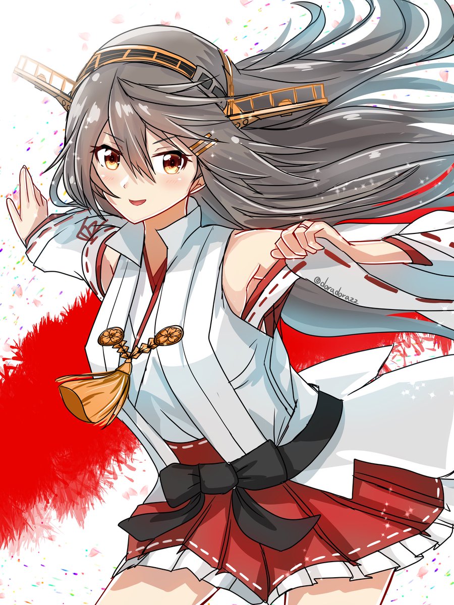 haruna (kancolle) 1girl long hair solo detached sleeves headgear skirt ribbon trim  illustration images