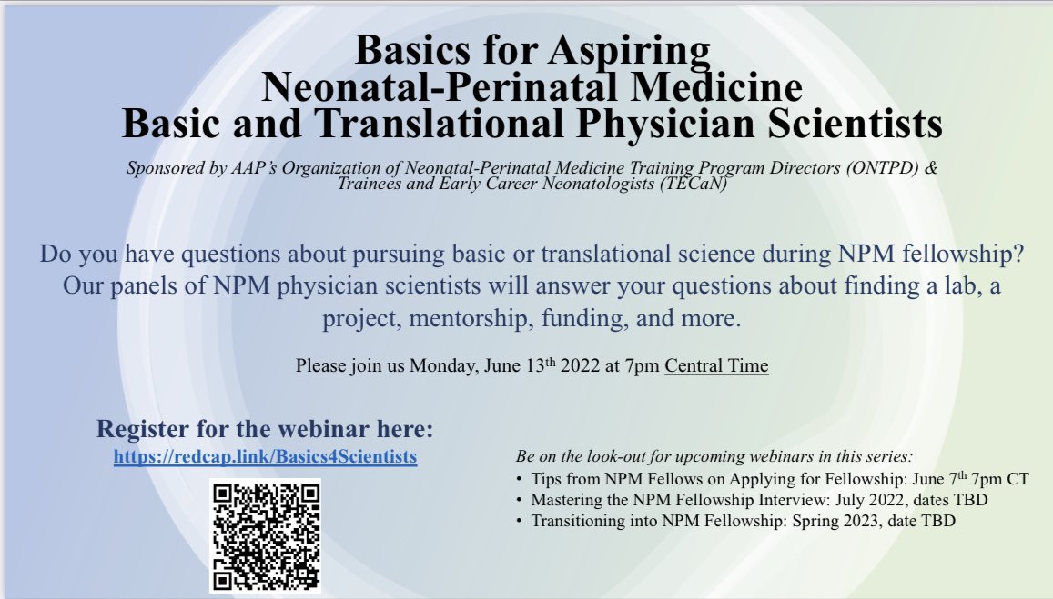 Calling all #PedsRes #DoubleDocs & future #NeoIntensivists applying for the 2022 NICU match!
Learn more about research opportunities for trainees in Neonatology on Monday July 13th at 8pm ET. #NeoTwitter #NeoMatch2022 #nicufellowship @AAPSOPT @Phys_Scientist @the_asci @AABlackPS