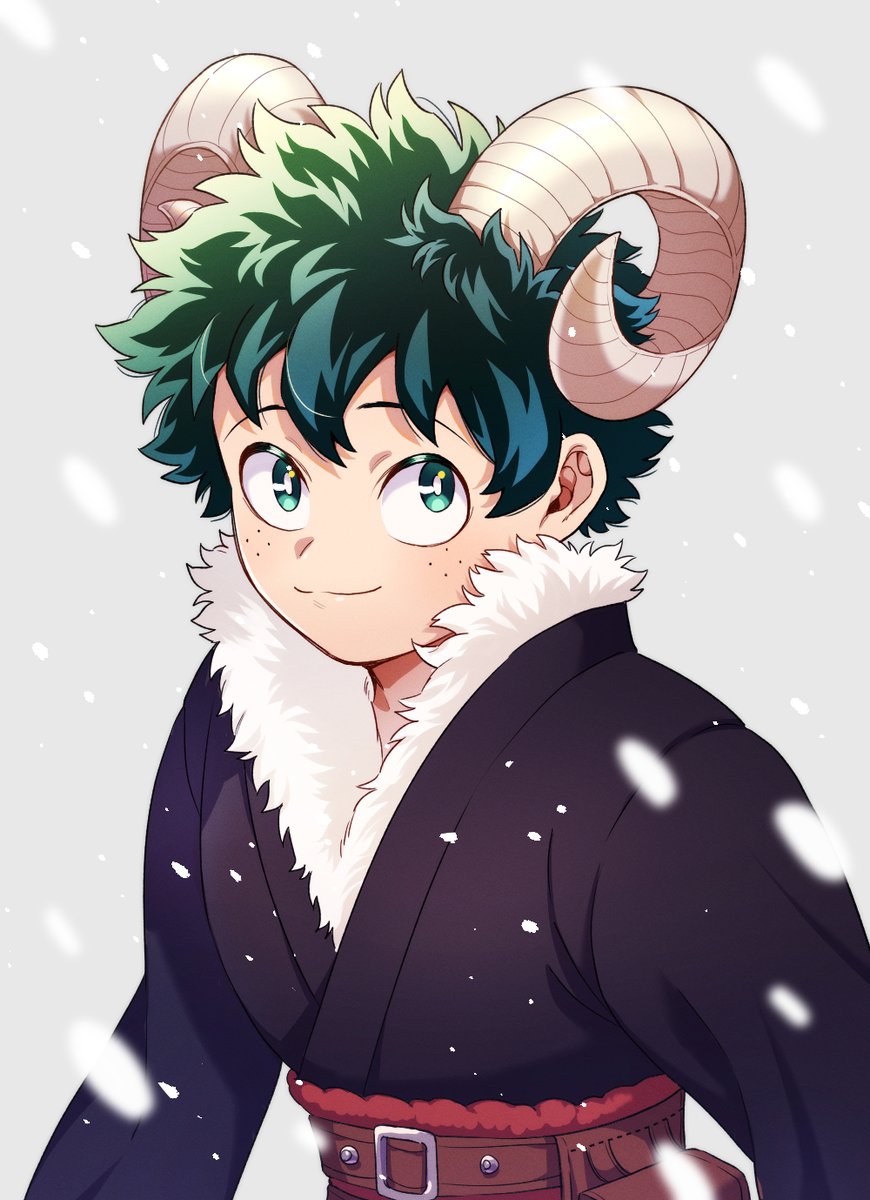 midoriya izuku male focus green hair 1boy horns green eyes solo freckles  illustration images