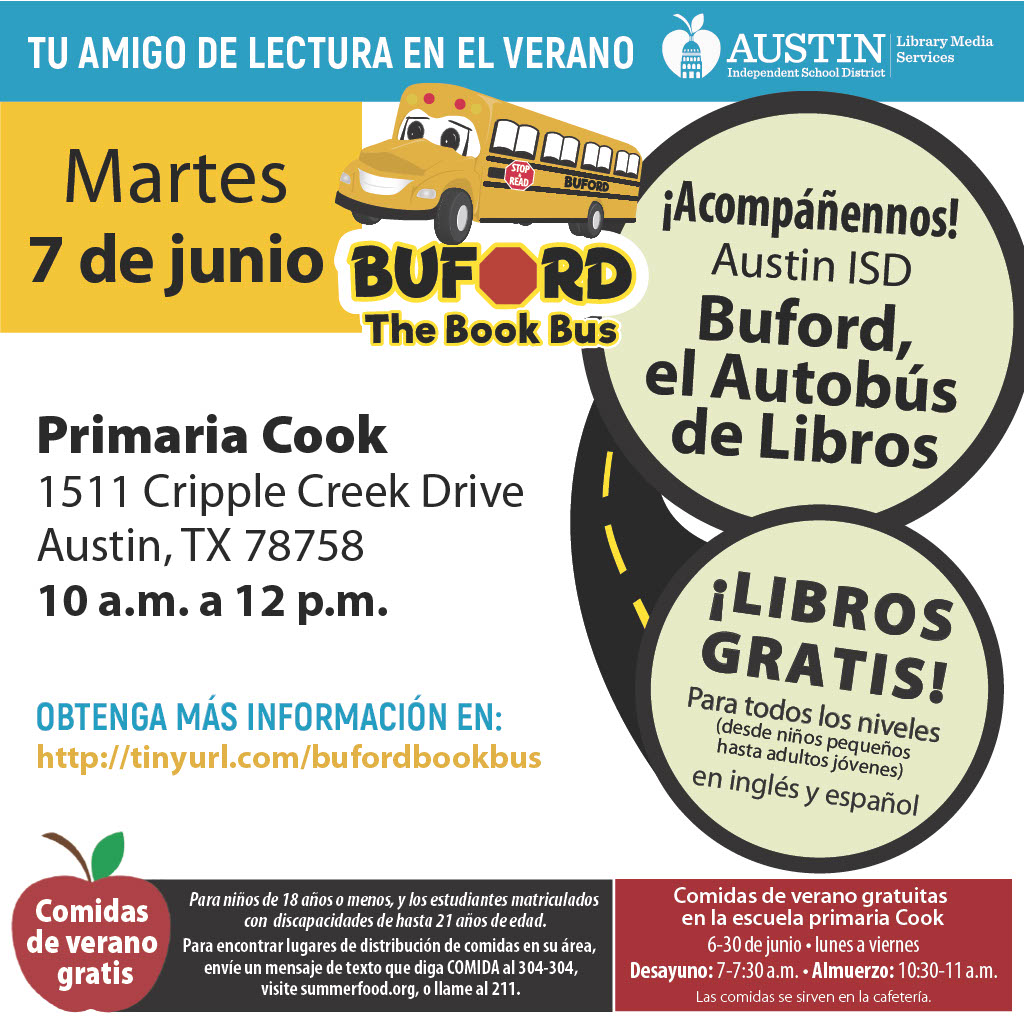 Free books 📚 & free meals🍎! Tuesday, June 7 at Cook Elementary (1511 Cripple Creek Dr., Austin, TX 78758) --- Libros gratis 📚 y comidas gratis🍎! Martes, 7 de junio en Cook Elementary (1511 Cripple Creek Dr., Austin, TX 78758) #AISDProud #AISDReads @AustinISDLibs