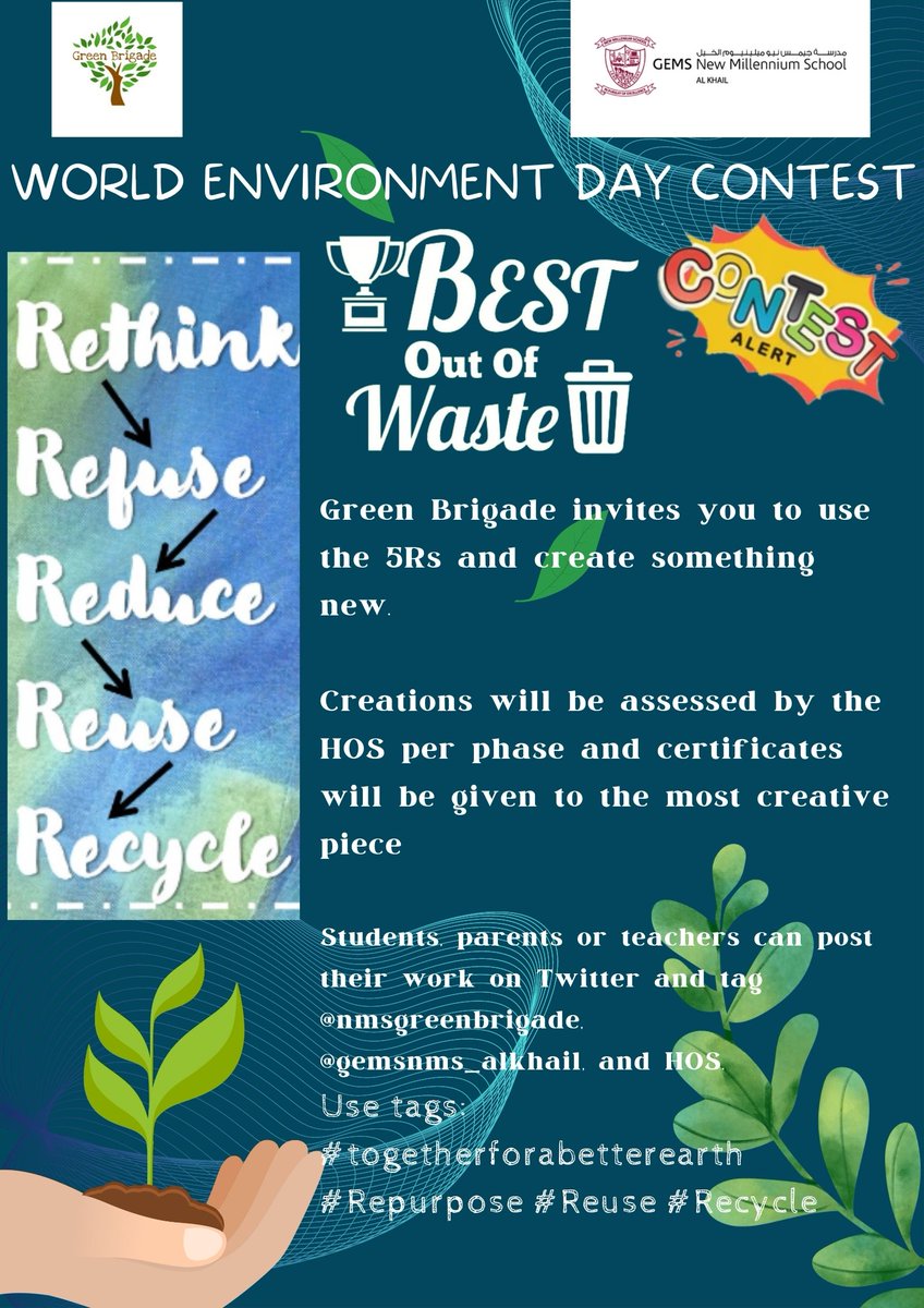 NMS Green Brigade (@nmsgreenbrigade) on Twitter photo World Environment Day@NMS ...!!! Contest Alert !!!...
<a href="/Fatima_Martin/">Fatima Martin</a> <a href="/TeresaRusten/">Teresa Rusten</a> <a href="/GNMS_Tigers/">GNMS_Secondary Tigers_Semper Sursum</a> <a href="/nmsmiddleschool/">GNMS_Middle School_RUNWAY</a> <a href="/nmsprimary/">GNMS_PrimaryGeNext</a> <a href="/NMSKindergarten/">NMS Kindergarten</a>
#togetherforabetterearth #Repurpose #Reuse #Recycle World Environment Day@NMS ...!!! Contest Alert !!!...
<a href="/Fatima_Martin/">Fatima Martin</a> <a href="/TeresaRusten/">Teresa Rusten</a> <a href="/GNMS_Tigers/">GNMS_Secondary Tigers_Semper Sursum</a> <a href="/nmsmiddleschool/">GNMS_Middle School_RUNWAY</a> <a href="/nmsprimary/">GNMS_PrimaryGeNext</a> <a href="/NMSKindergarten/">NMS Kindergarten</a>
#togetherforabetterearth #Repurpose #Reuse #Recycle