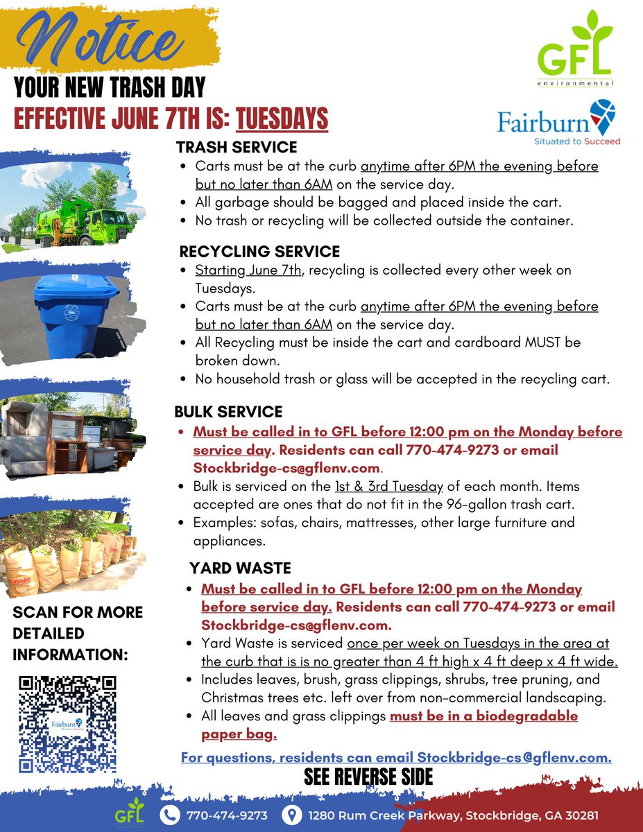 CityofFairburn's tweet photo. JUNE 7TH REMINDER - Please take a look at the attached flyer regarding trash, recycling, bulk, and yard waste services! For questions, contact 770-474-9273. #trashservice #cityoffairburn #importantnotice https://t.co/o52Fskql4S