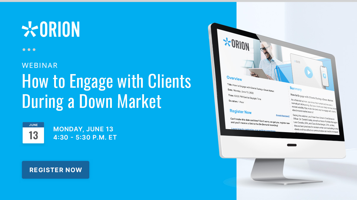 Learn how to engage clients in a down market in our live panel on 6/13 featuring Chief Behavioral Officer, Dr. Daniel Crosby, Brinker Capital's Lara Coviello, CFA and Case Eichenberger, CFA, and moderator Thomas K.R. Wilson, CFA, Head of Wealth Advisory: bit.ly/3Mi9PVg