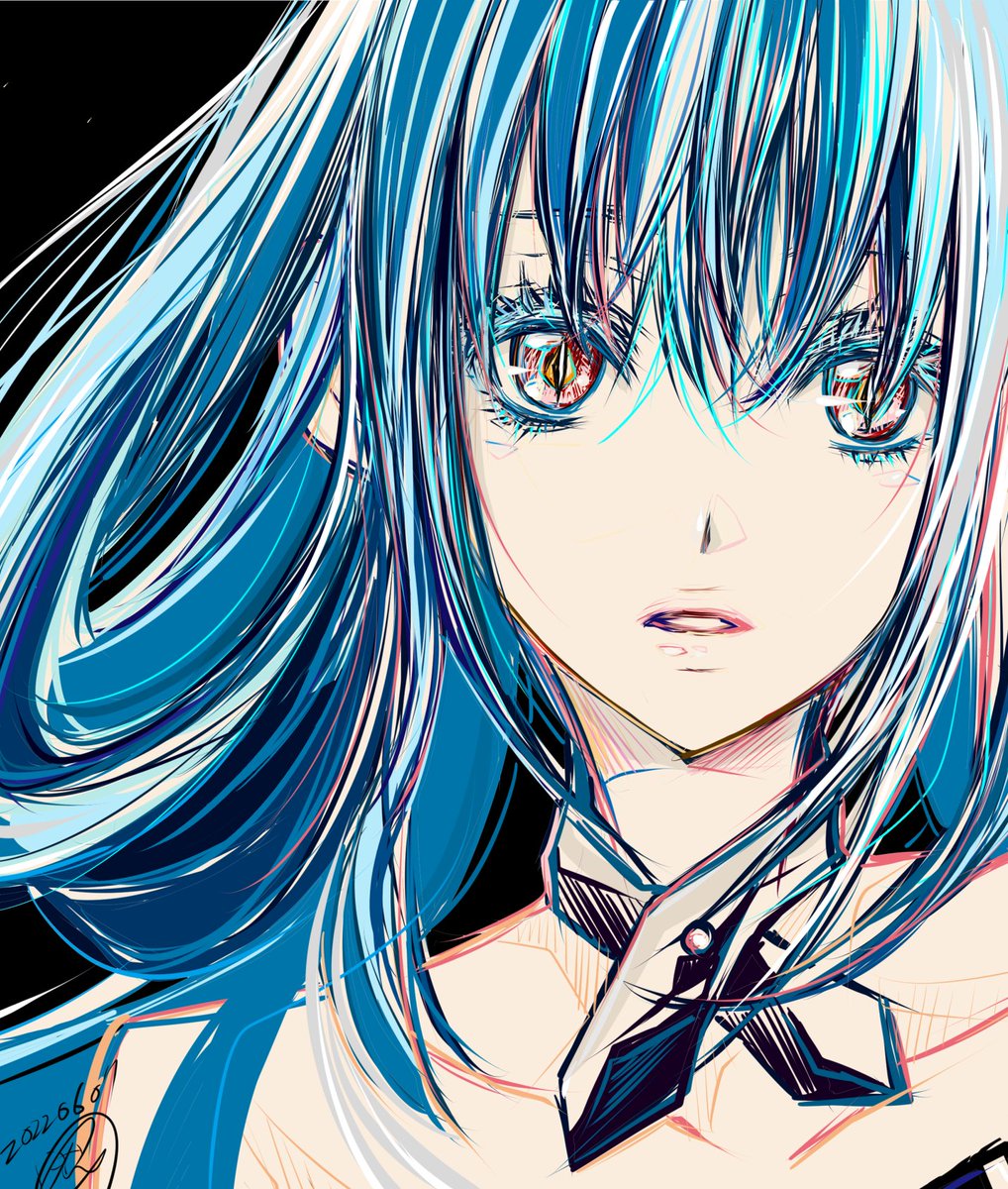 solo long hair blue hair looking at viewer black background bangs hair between eyes  illustration images