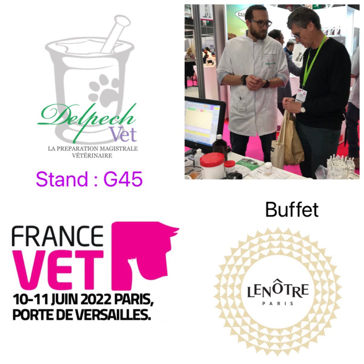 PhcieDelpech's tweet photo. France VET : 10 &amp; 11 juin stand G45. Spécialistes de la préparation magistrale Humaine et Vétérinaire. Des jeux, des surprises, des innovations, un superbe buffet, des pros du médicament sur mesure pour répondre à vos questions sur les préparations magistrales #delpech #francevet https://t.co/EQBfQ2TVmn