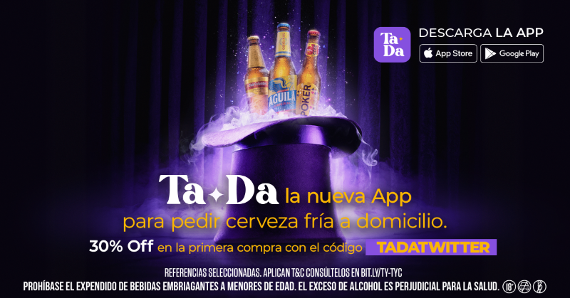 TaDa_Colombia's tweet photo. Descarga TaDa, pide y recibe en la puerta de tu casa cervezas frías, rápido, a precios mágicos y sin costo de envío. 

Obtén 30% off con el código TADATWITTER en tu primera compra.🍻🪄🎩🍻