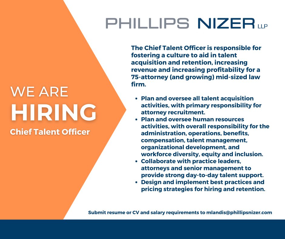 We're hiring for a #ChiefTalentOfficer responsible for fostering a culture to aid in talent acquisition &amp; retention, increasing revenue &amp; increasing profitability. Learn more: bit.ly/3aEigNt

#werehiring #legaljobs #legalrecruitingjobs