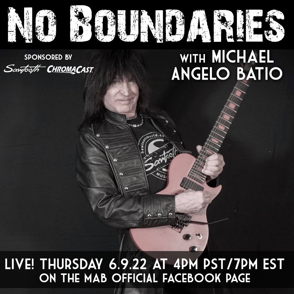 Don't miss the live-streaming show "No Boundaries" with #MichaelAngeloBatio this Thursday 4pm pst/7pm est on the Official #MAB Facebook page.  MAB's Page: ow.ly/GpXE50DXGdE 
#GoDpsMusic #Guitar #Guitars #GuitarPlayer #MAB #Sawtooth #SawtoothGuitars #ChromaCast