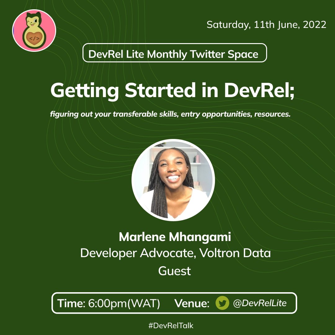 DevrelLite's tweet photo. 2. @marlene_zw is a Zimbabwean Software Engr, explorer, & speaker based in the city of Harare.
She is a director & vice-chair for @ThePSF and works as a Developer Advocate at @VoltronData
She's also the founder of @zimbopy a non-profit org.
#DevRelTalk https://t.co/wzFg07tSyz