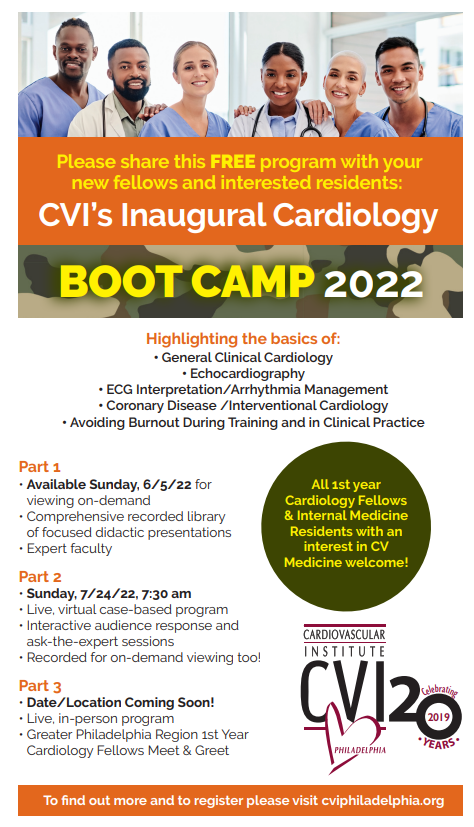 #CVIBootCamp22 Register today to access the digital library and attend Cardiology Fellows' Boot Camp on July 24! To learn more tinyurl.com/2p9hzv6u Registration tinyurl.com/nhjm7vnc #CVIBootCamp22