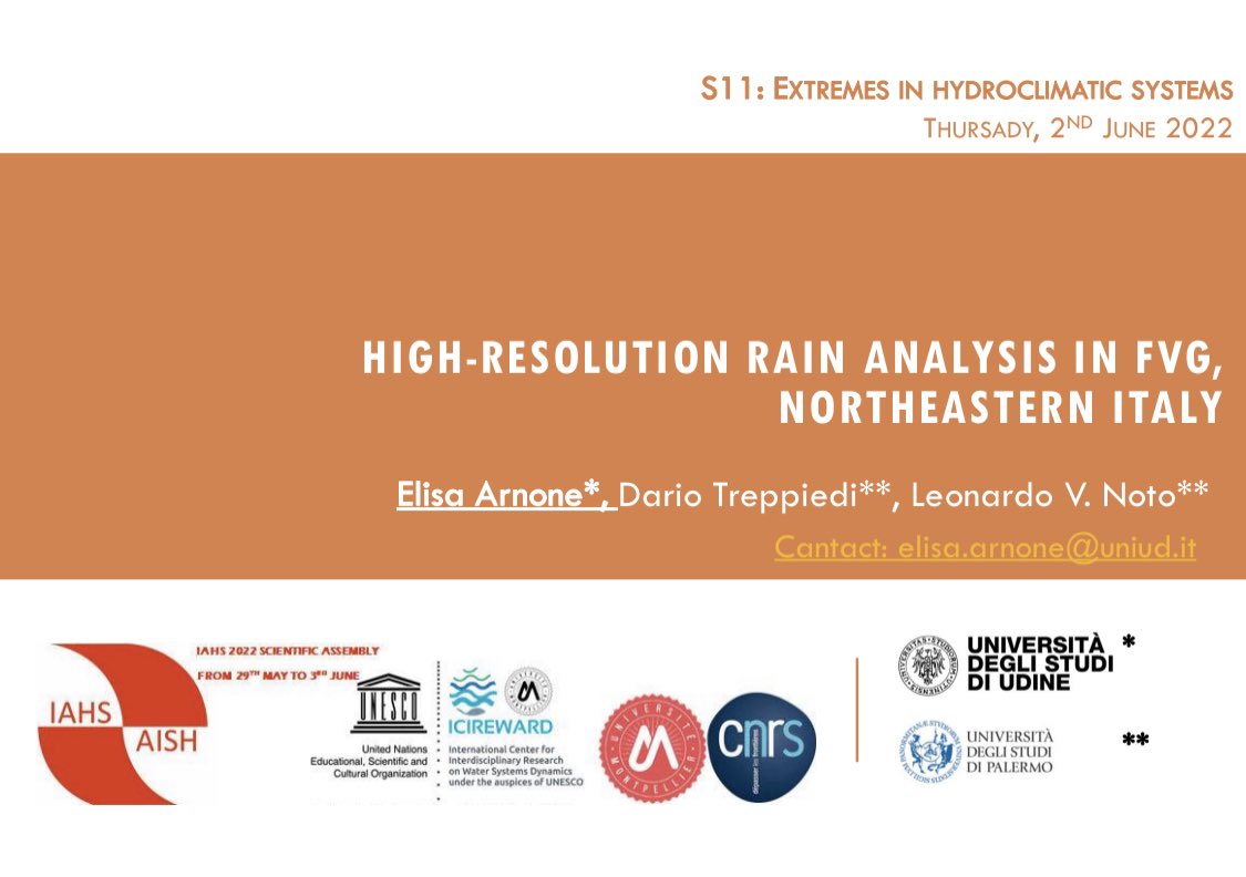 ElisaArnone's tweet photo. It was very constructive presenting at #IAHS2022 last week the research on #trends and #rainfall series at #highresolution of #friuliveneziagiulia, the most rainy region of #Italy! Nice to discuss with colleagues in person again! https://t.co/etyZyXLipW