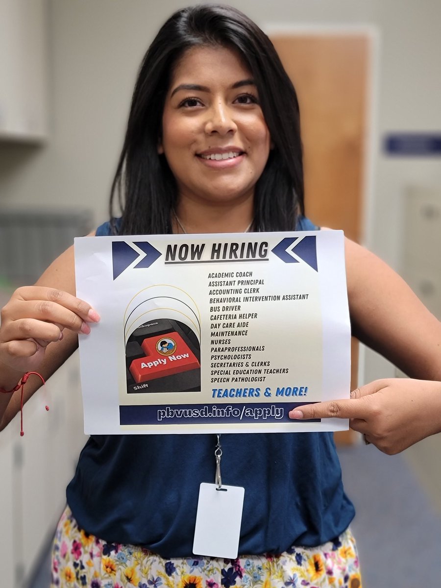 #NowHiring

You can find more details and listings for all of our open positions at pbvusd.info/apply. Start your career pursuing Excellence in #Education 📖

<a href="/SOSrussell/">Katie Russell</a> <a href="/DrDenita/">Dr. Denita Maughan</a>
@DarrylJ32322086 <a href="/bdye_brandie/">Brandie Dye</a> <a href="/jennifer_irvin_/">Jennifer Irvin</a>  <a href="/CboPanama/">Glenn</a> #WeArePBV #Jobs