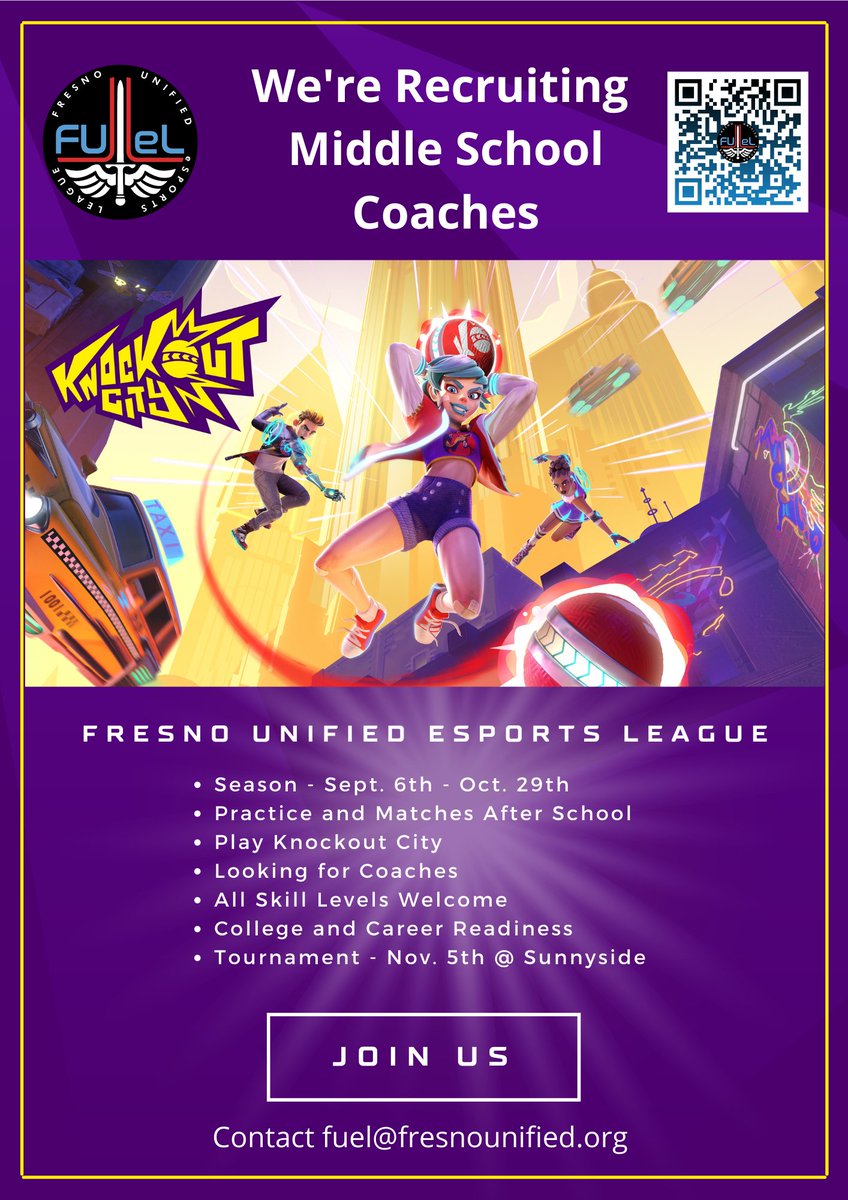 Hey, @FresnoUnified friends and families!
Are you a Fresno Unified Middle School teacher trying to gather ideas for the next school year?

How about Esports?

If interested, please contact fuel@fresnounified.org
#FUSDFamily #fresnounified #knockoutcity #fresnounifiedesportsleague 