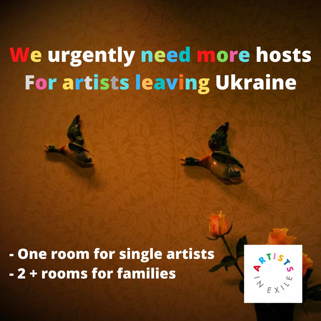 Artists in Exile (@artistsinexile) on Twitter photo Hello 👋 We need more #hosts to help #Ukranian artists. We’re supporting 30+ artists and families at various stages of the process of coming over with more coming each day. Get in touch with us by email to artinexile2022@gmail.com to find out more. Thank you 😊 #homesforukraine Hello 👋 We need more #hosts to help #Ukranian artists. We’re supporting 30+ artists and families at various stages of the process of coming over with more coming each day. Get in touch with us by email to artinexile2022@gmail.com to find out more. Thank you 😊 #homesforukraine