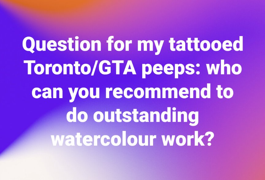 Looking for tattoo recs in Toronto - specifically watercolour/script 🙂

Tx!

#Tattoo #Toronto #TorontoTattoo #TattooRec #WatercolourTattoo #WatercolorTattoo