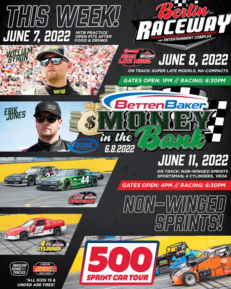BerlinRaceway's tweet photo. You may want to hold on, because @BettenBaker MITB150 week is here! #wherespeedbelongs
📆
Tomorrow night: #berlinMITB Practice // Post Practice Party & Autograph Session
Wednesday night: Betten Baker Money in the Bank 150!
Saturday night: @avbtbstores @500SprintTour Night! https://t.co/vIVk0q3NpC