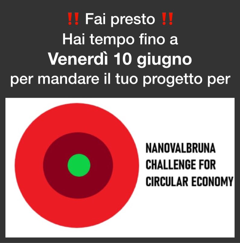 NanoValbruna's tweet photo. 🔜 Ultimi giorni per presentare il tuo progetto al concorso:

 #NanoValbruna #Challenge for #CircularEconomy https://t.co/25gIjJpIy7