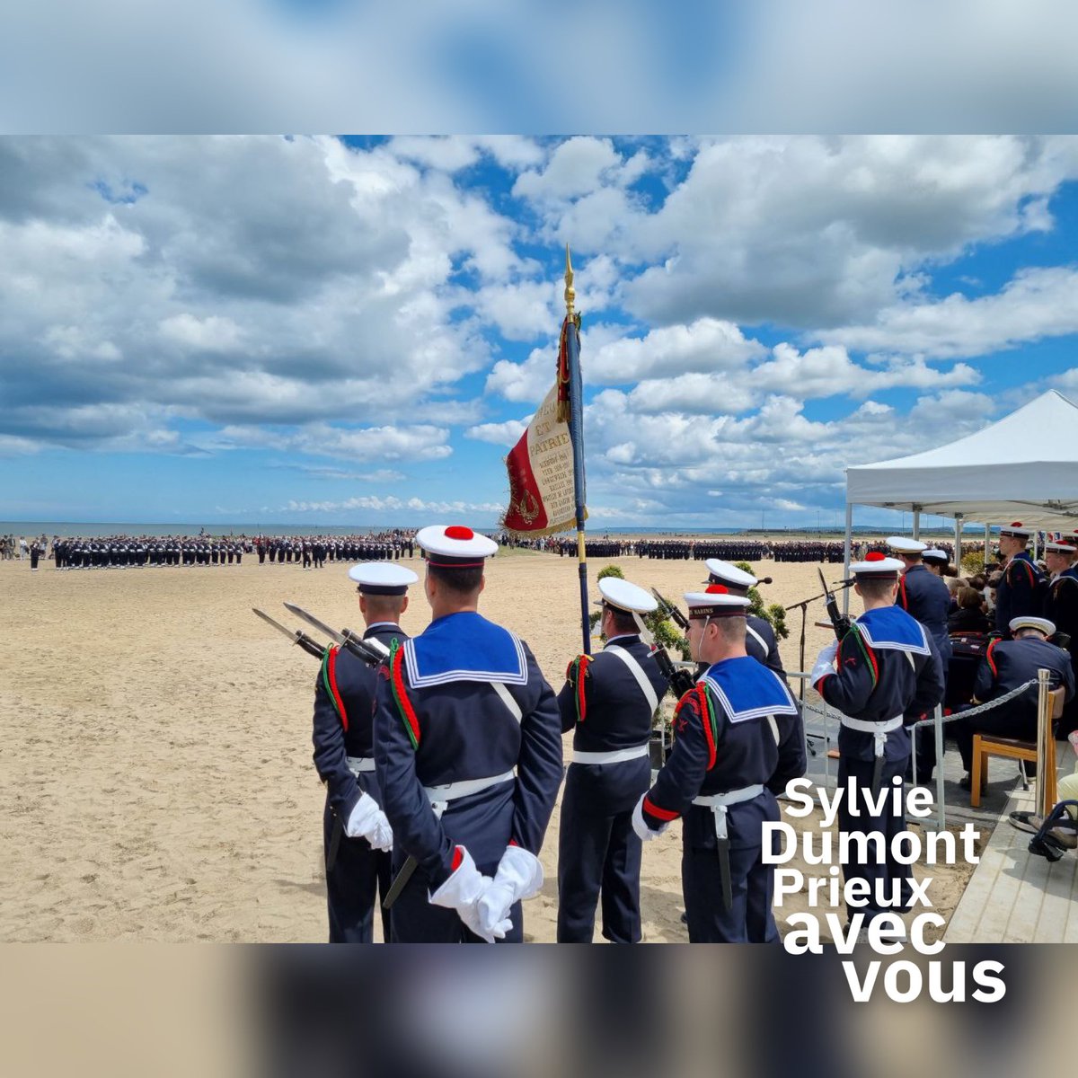 sylviedp2022's tweet photo. Aujourd’hui nous étions aux commémorations du #6juin1944 à Ouistreham avec le ministre des Armées @SebLecornu. 🇫🇷

Tradition de l'école des fusiliers marins de la @MarineNationale, nos militaires assurent, #AvecVous, le devoir de mémoire des sacrifices de nos aînés. ⚓️

#DDay https://t.co/MVOhknJfb4
