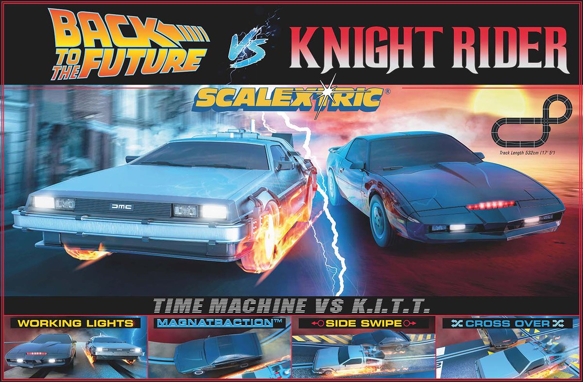 Scalextric 1980's TV - <a href="/BacktotheFuture/">Back to the Future™</a> vs Knight Rider 1:32 scale slot car race set [PRE-ORDER: Expected Availability Fall 2022!] BacktotheFuture.store/products/scale…