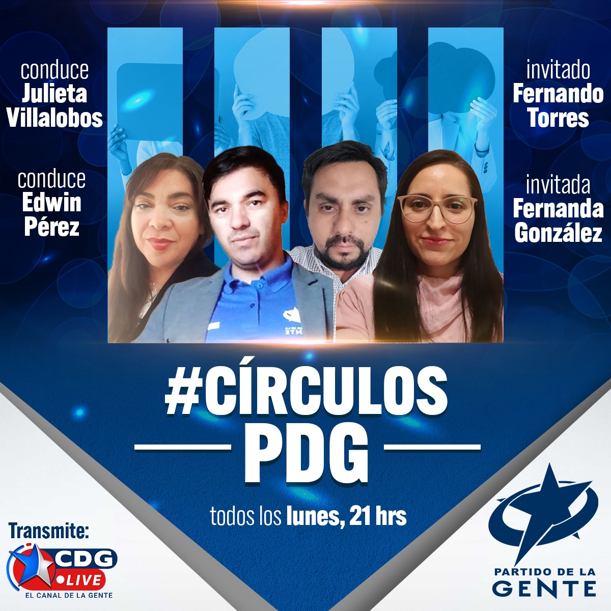 ChilePDGcl's tweet photo. Hoy como cada lunes en horario prime tenemos a #CírculosPDG junto a Julieta Villalobos y Edwin Peréz.
Hablemos sobre el trabajo territorial, los desafíos y necesidades locales con la mirada independiente que tenemos los pedegeninos✊
21:00hrs⏰transmitimos por ▶️ #CDGLive https://t.co/hzaxbhexlV