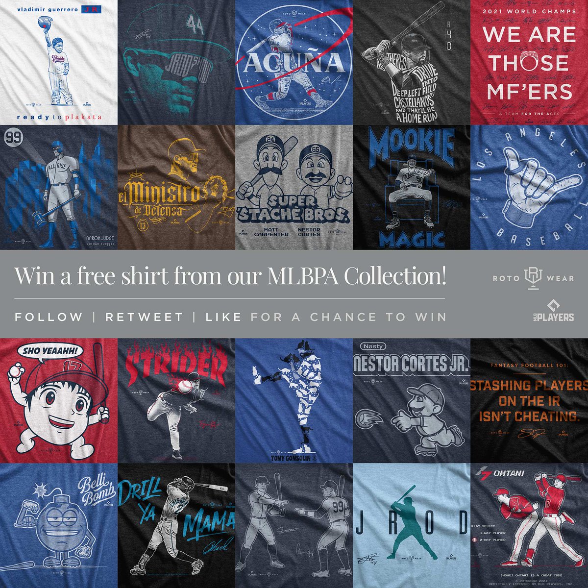 RotoWear's tweet photo. FREE 👕 GIVEAWAY!

✅ FOLLOW
🔄 RETWEET
❤️ LIKE

For a chance to win a free shirt from our MLBPA collection!

https://t.co/2dbXAjReC7

⏳ Winner announced 6/13 https://t.co/n4LM11A3UU