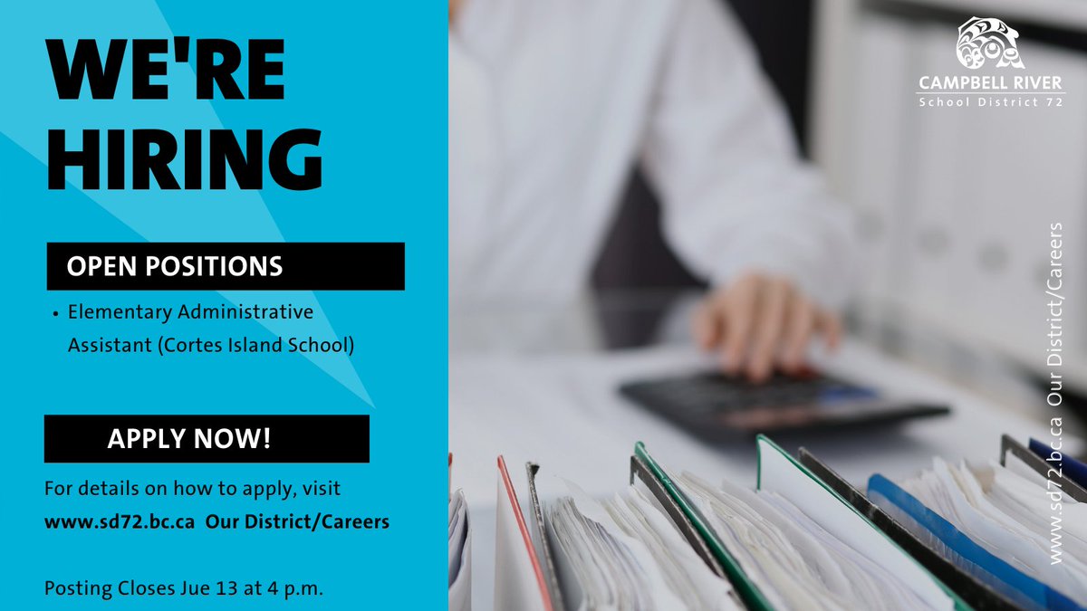 CRSD72's tweet photo. Come work with us! #CRSD72 is looking for an elementary administrative assistant to work at our school on Cortes Island. Apply by June 13! Learn more: https://t.co/gRPGHnyjhx #Hiring #ChangingTidesGrowingMinds https://t.co/jp8iHCl1d0