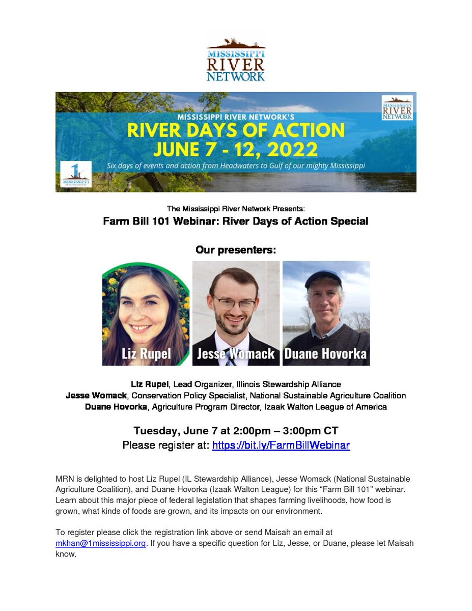 There is still time to register for the Farm Bill 101 Webinar being held as part of #RiverDaysOfAction on June 7, 2022, from 2-3pm: bit.ly/FarmBillWebinar
@1_Mississippi @MSRiverNetwork #RiverCitizen @ILStewards @sustainableag @IWLA_org @WetlandsTWI