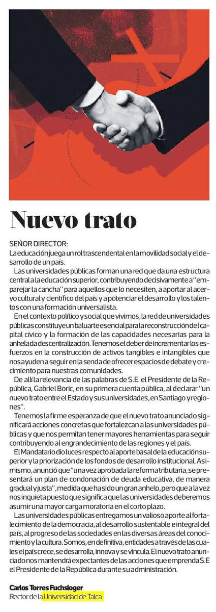 UTalca's tweet photo. Rector UTalca @CarlosTorresFu destacó en la el diario @latercera el rol de las universidades estatales y regionales  para el desarrollo del país.

Más detalles ⬇️ https://t.co/4rH2CqSgIc
