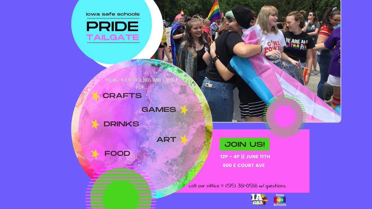 iowasafeschools's tweet photo. Our Pride Tailgate is gonna be tie-dye for! Grab some friends and family and come on out for crafts and refreshments. Our family-friendly Pride event will be happening from noon to 4pm on Saturday the 11th, we'd love to see you there π³οΈβπ
#chosenfamily #pride #LGBTQ #DSMPride https://t.co/RpYPXrjMxY