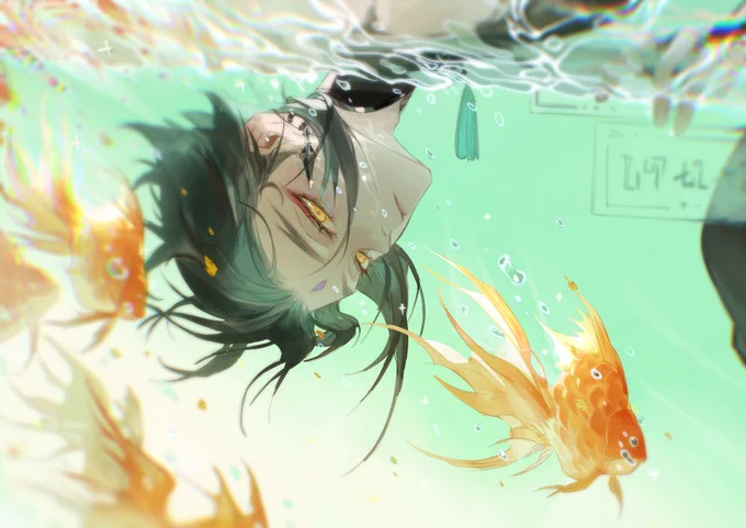 #GenshinImpact  #原神   #Xiao
The goldfish.
I found an old painting from last summer, I didn't like this color at that time, but now I think it's not bad. 