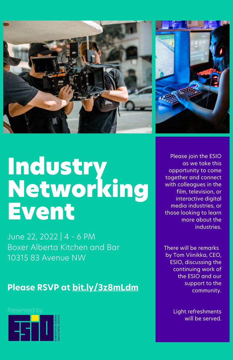 EdmontonScreen's tweet photo. Join the ESIO on June 22, 4-6pm, as we come together and connect with our colleagues in the film, television, or interactive digital media industries. Please RSVP to https://t.co/WYwJWqT8Gr https://t.co/1qBmBEHIZX